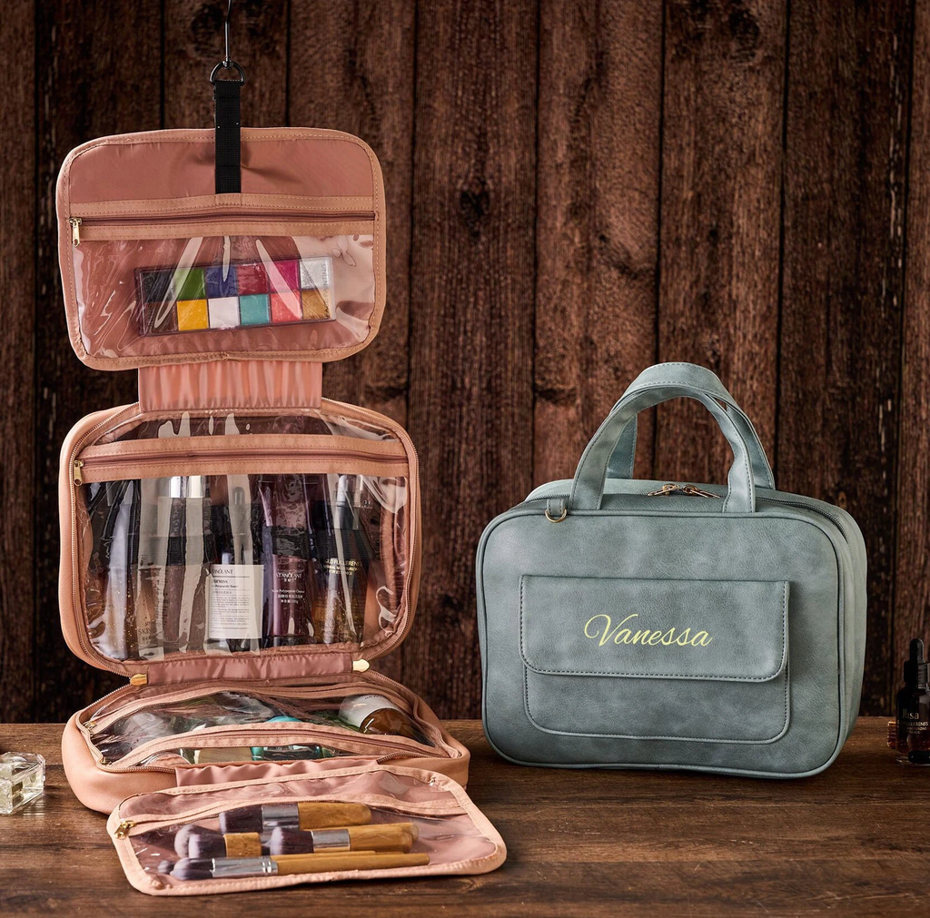 Personalized Bridesmaid Gifts, Hanging Makeup Bag, Large Capacity Travel Cosmetic Bag, Vegan Leather Toiletry Bag, Bridal Shower Gift