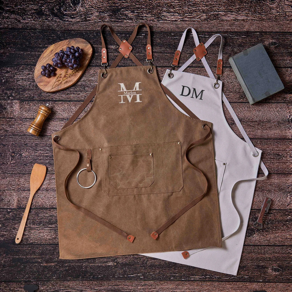 Personalized Bar Apron, Canvas Workshop Apron with Pockets, Embroidered Kitchen Apron, Barbeque Apron