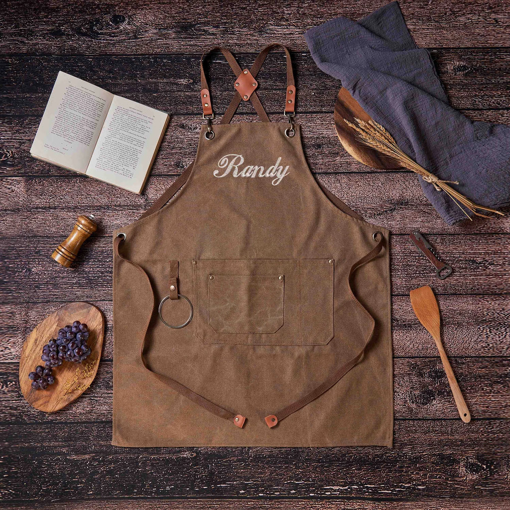 Personalized Bar Apron, Canvas Workshop Apron with Pockets, Embroidered Kitchen Apron, Barbeque Apron