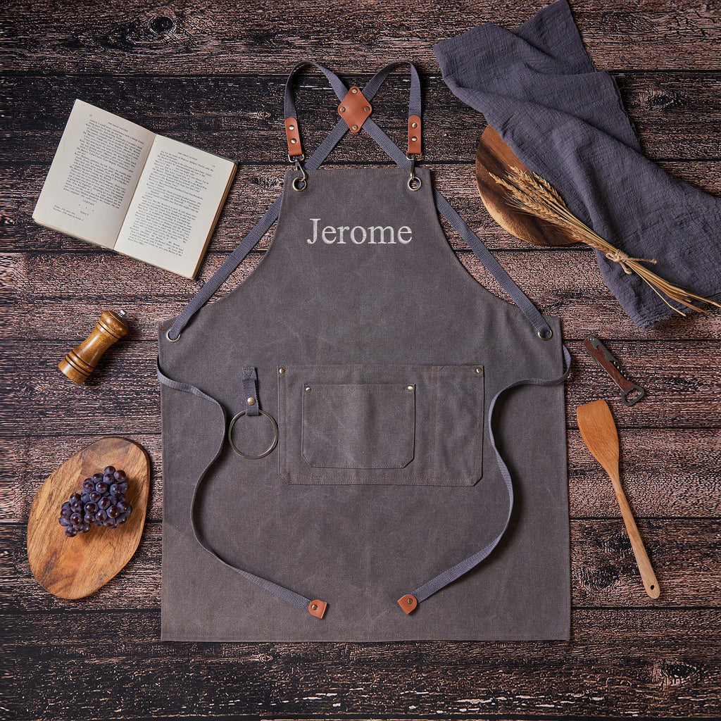 Personalized Bar Apron, Canvas Workshop Apron with Pockets, Embroidered Kitchen Apron, Barbeque Apron