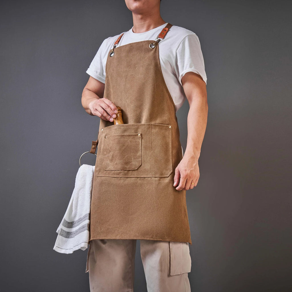 Personalized Bar Apron, Canvas Workshop Apron with Pockets, Embroidered Kitchen Apron, Barbeque Apron