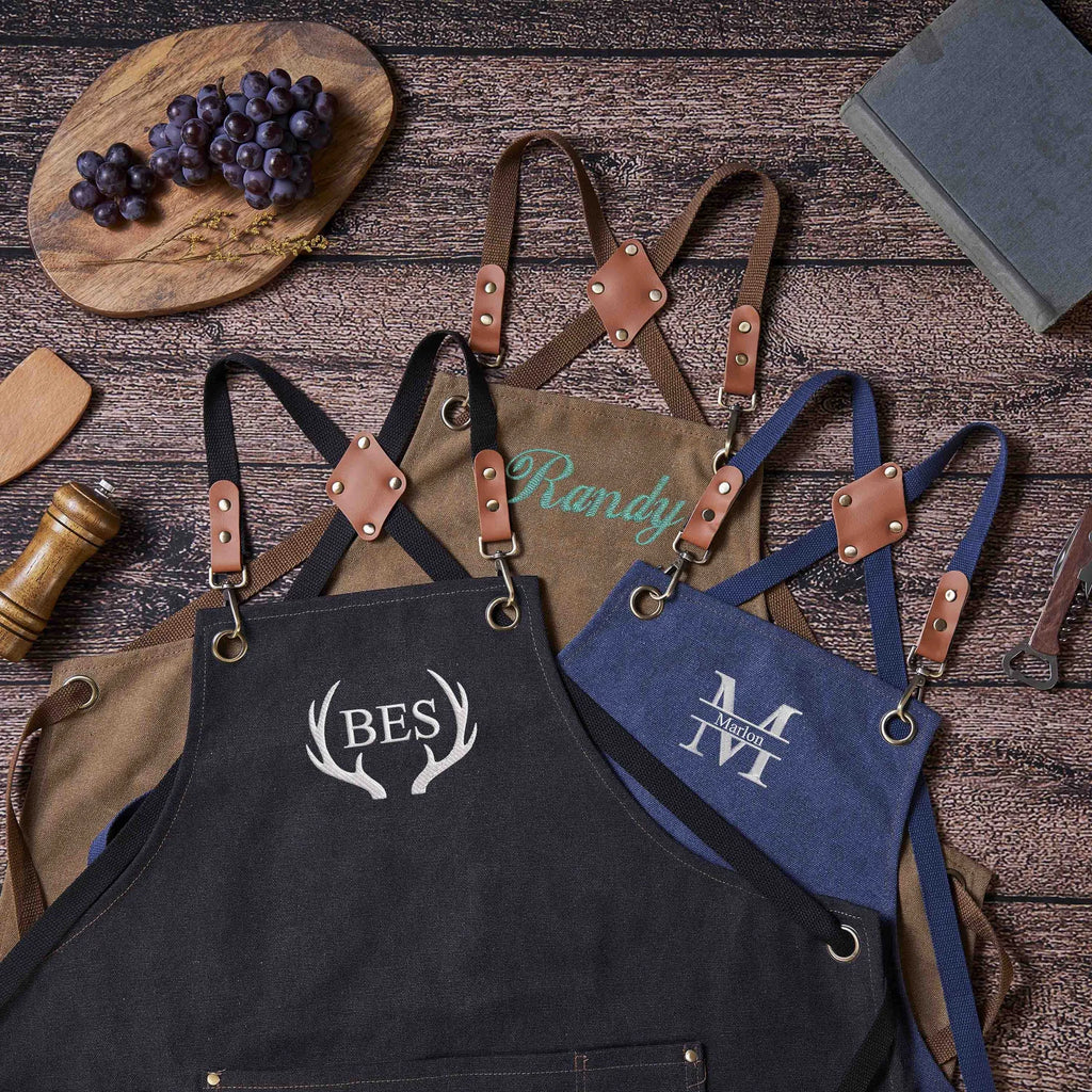 Personalized Bar Apron, Canvas Workshop Apron with Pockets, Embroidered Kitchen Apron, Barbeque Apron