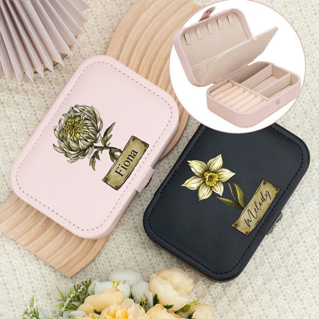 Personalised Leather Travel Jewelry Case,Brith Flower Jewelry Case,Bridesmaid Gift Box,Bridal Shower Party,Birthday Gift