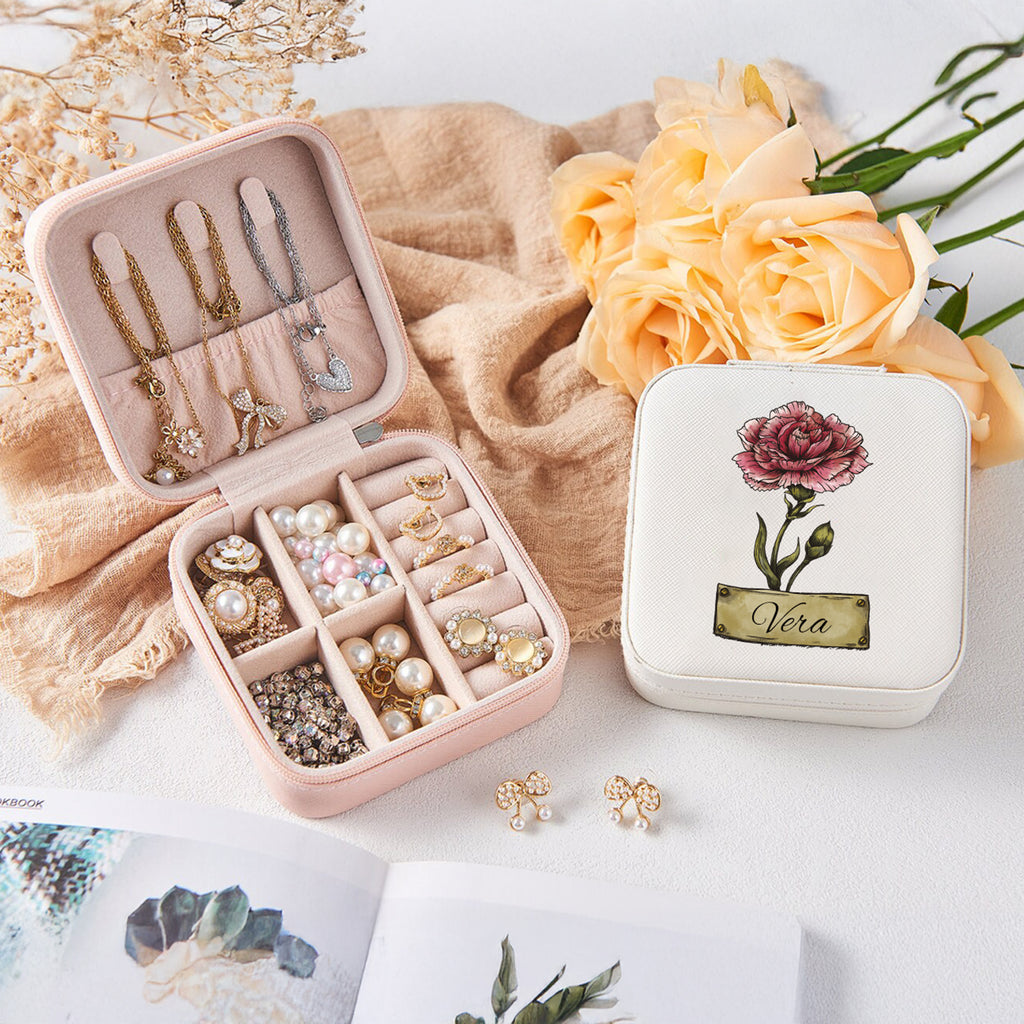 Customized Jewelry Box, Jewelry Box for Women, Bridesmaid Proposal Gift, Birthday Gift, Leather Jewelry Travel Case, Birth Flower Jewelry Case