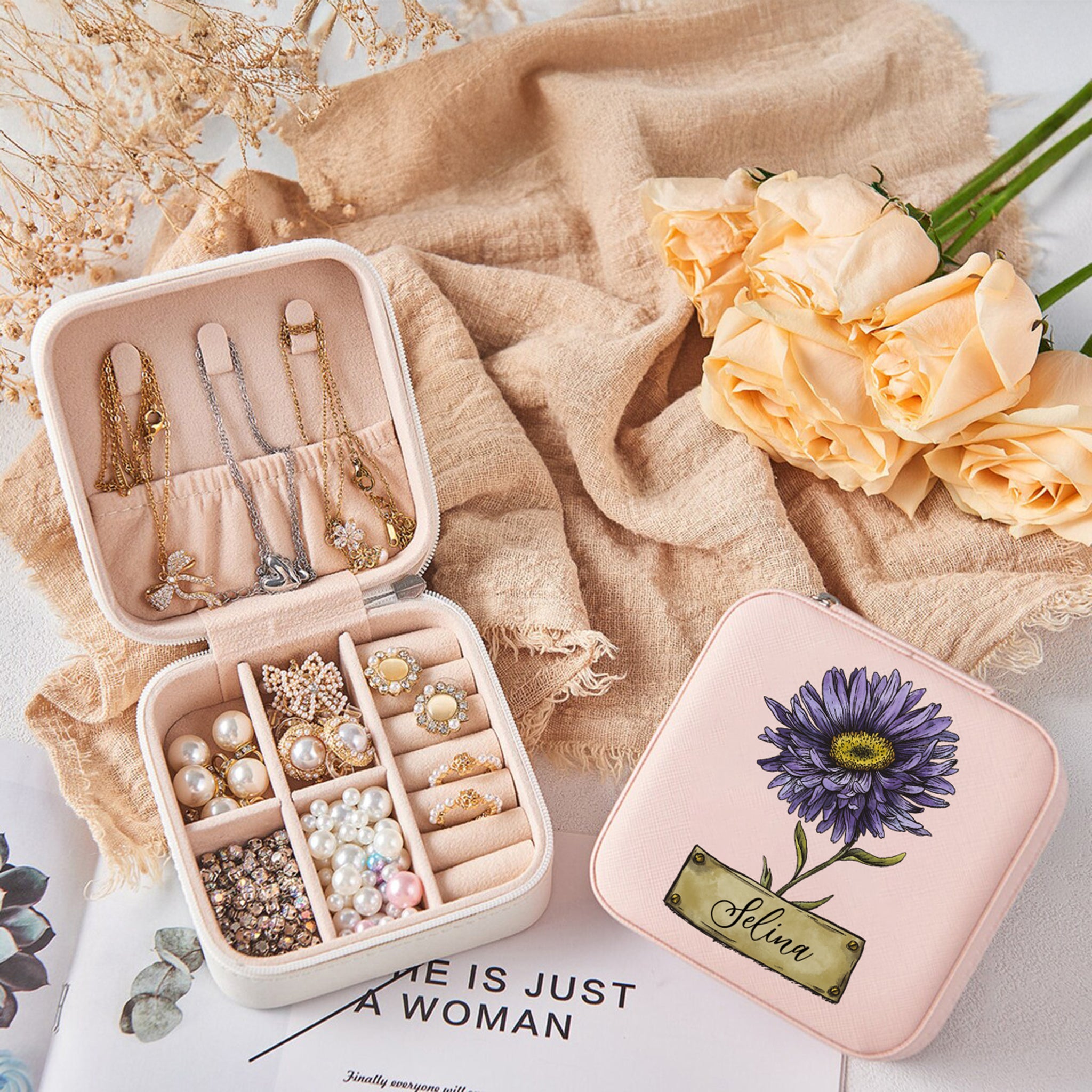 Personalized Leather Jewelry Box, Birth Flower Jewelry Case