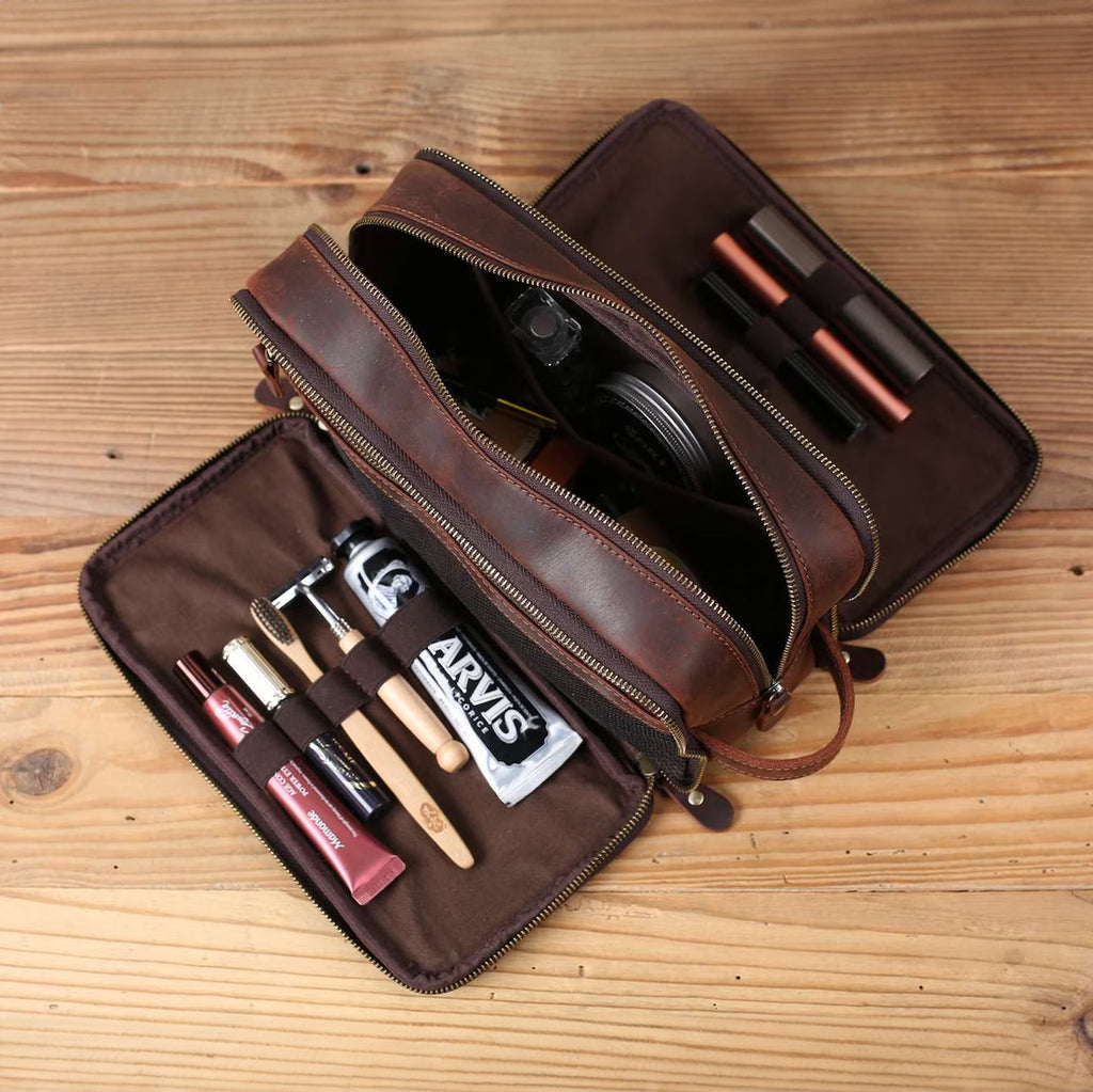 Groomsmen Gift, Personalized Leather Toiletry Bag, Leather Dopp Kit, Men's Shaving Kit