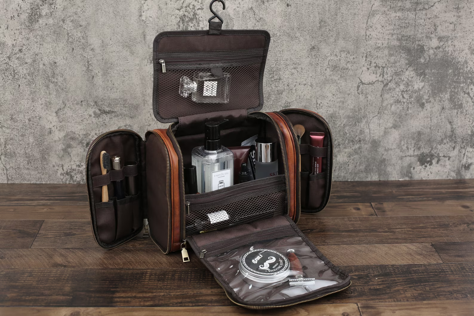 hanging mens travel toiletry bag Groomsmen Gifts Hanging Toiletry Bag Personalized Large Men's Wash Bag Dopp Kit Christmas Gifts Dark Brown / No