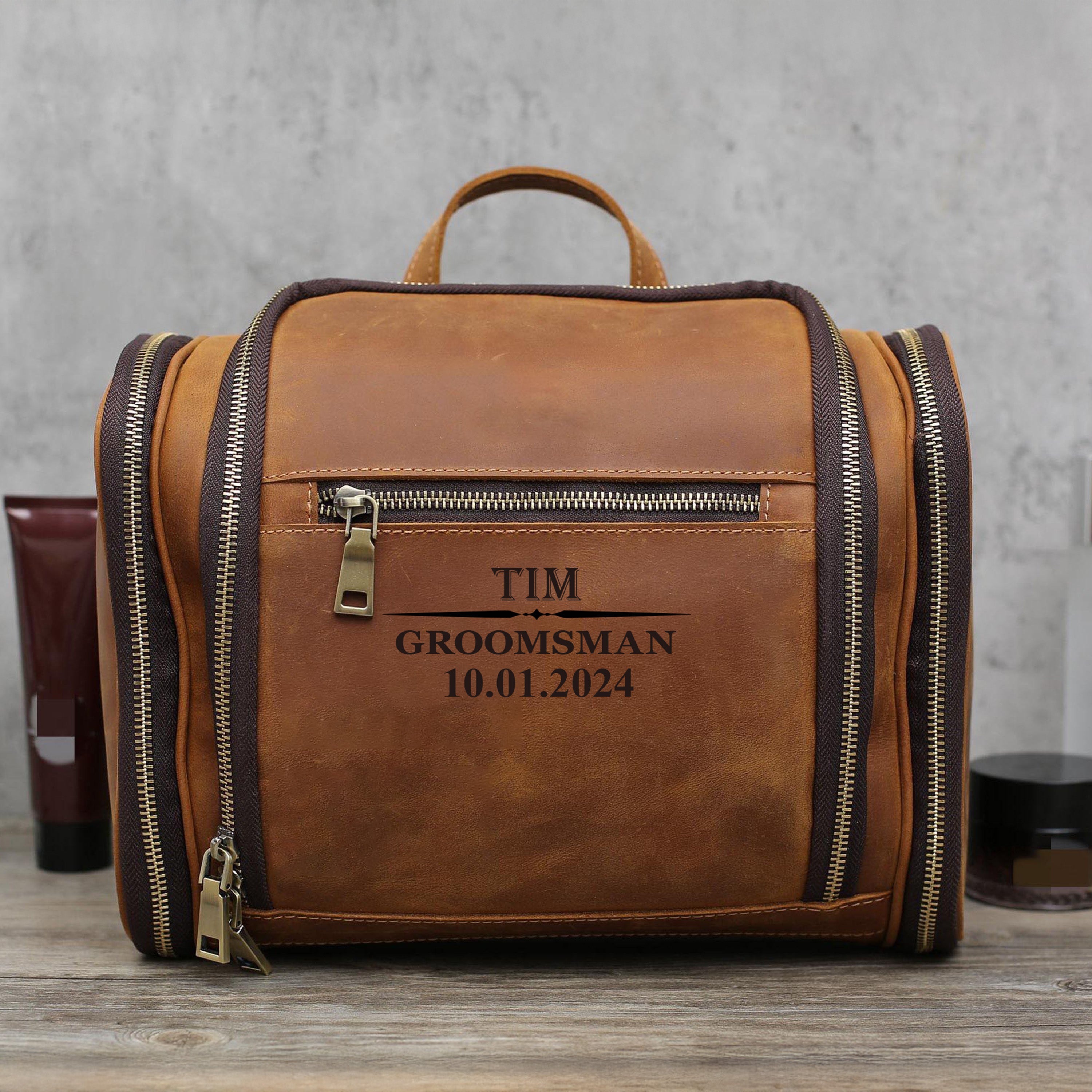 leather hanging men's toiletry bag travel dopp kit Personalized Hanging Toiletry Bag Groomsmen Gifts Men's Leather Dopp Kit Best Gift for Dad Retro Brown / Yes