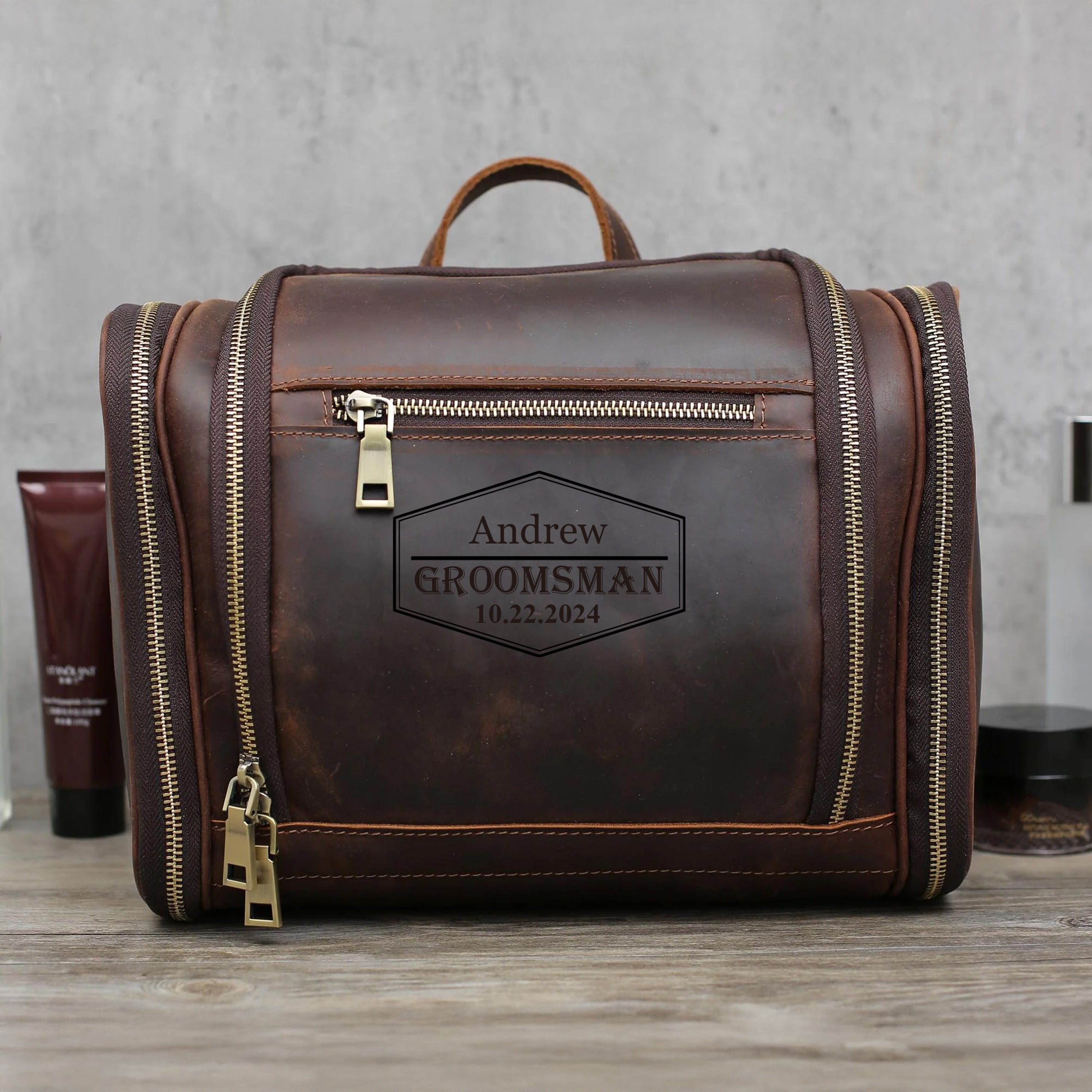 Personalized Hanging Toiletry Bag Groomsmen Gifts Men's Leather