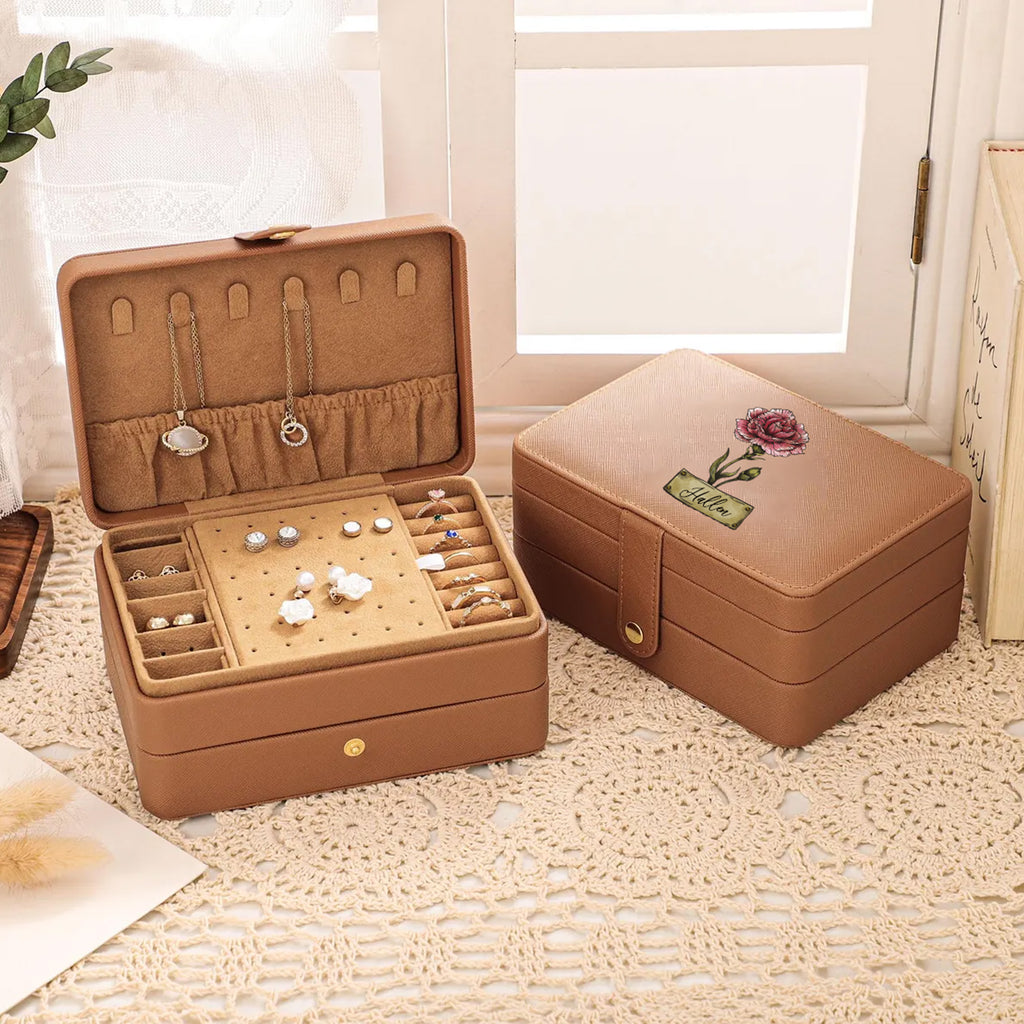 Jewelry Box with Birth Flower, Personalized Jewelry Box, Birthday Gift for Her, Bridesmaid Gift, Jewelry Organizer, Travel Jewelry Box