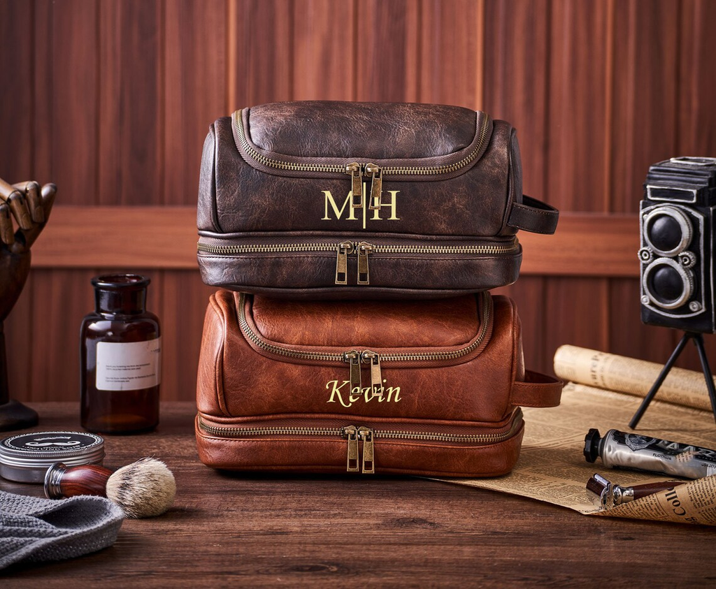 Personalized Groomsmen Gift, Men's Toiletry Bag, Vegan Leather Dopp Kit, Hanging Wash Bag