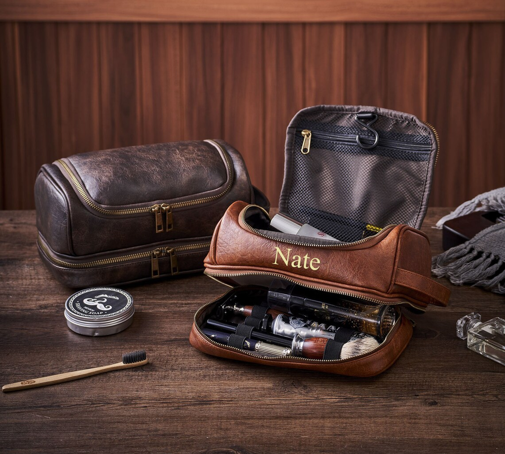 Personalized Groomsmen Gift, Men's Toiletry Bag, Vegan Leather Dopp Kit, Hanging Wash Bag