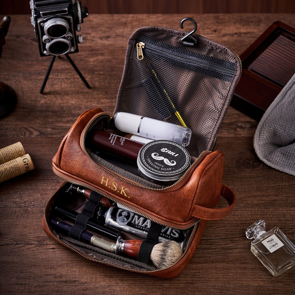 Personalized Groomsmen Gift, Men's Toiletry Bag, Vegan Leather Dopp Kit, Hanging Wash Bag