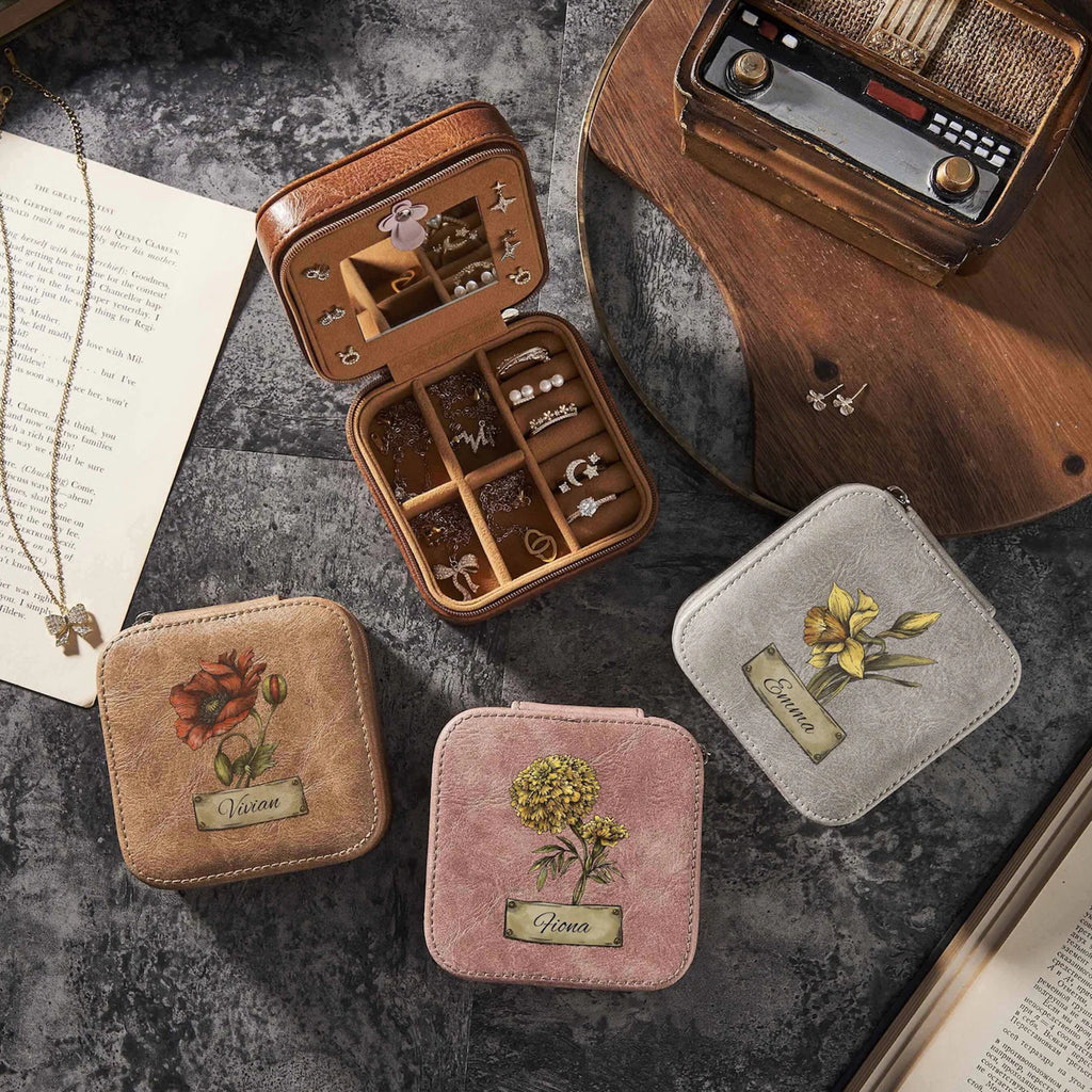 Personalized Jewelry Travel Box, Brith Flower Jewelry Case, Custom Bridesmaid Gift, Bridal Shower Party, Gift For Her