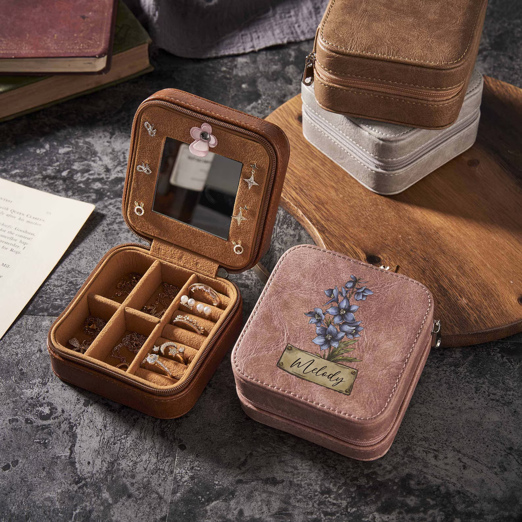 Personalized Jewelry Box, Leather Jewelry Travel Case, Bridesmaid Proposal Gift, Birth Flower Jewelry Case, Gifts for Her