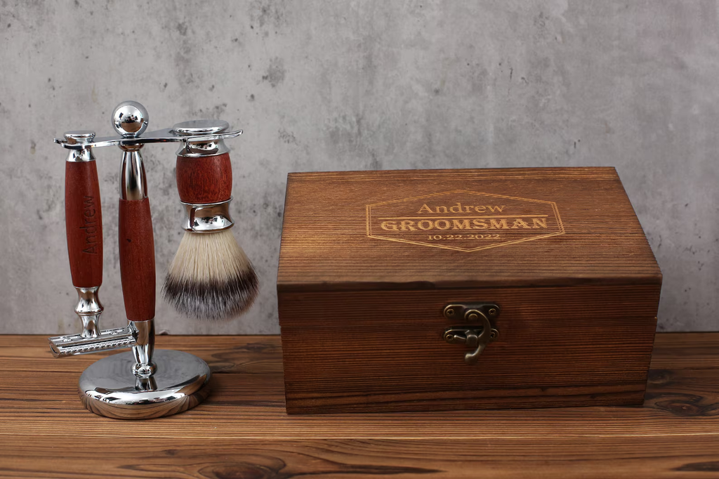 Personalized Wooden Razor, Groomsmen Gift Set, Safety Razor with Shaving Brush, Groom Gift, Custom Razor, Shaving Set for Men, Wedding Gifts
