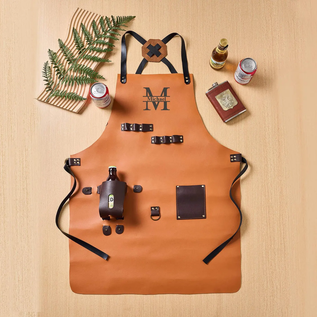 Personalized Leather Apron, Custom Groomsmen Gift, Bartender's Apron, BBQ Apron, Men's Chef Apron