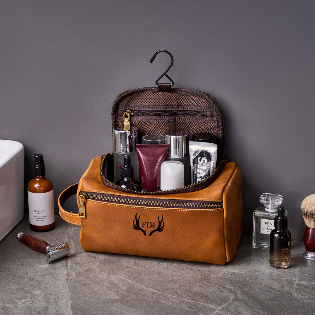 Personalized Leather Hanging Toiletry Bag Dopp Kit Shaving Bag Groomsmen Gifts