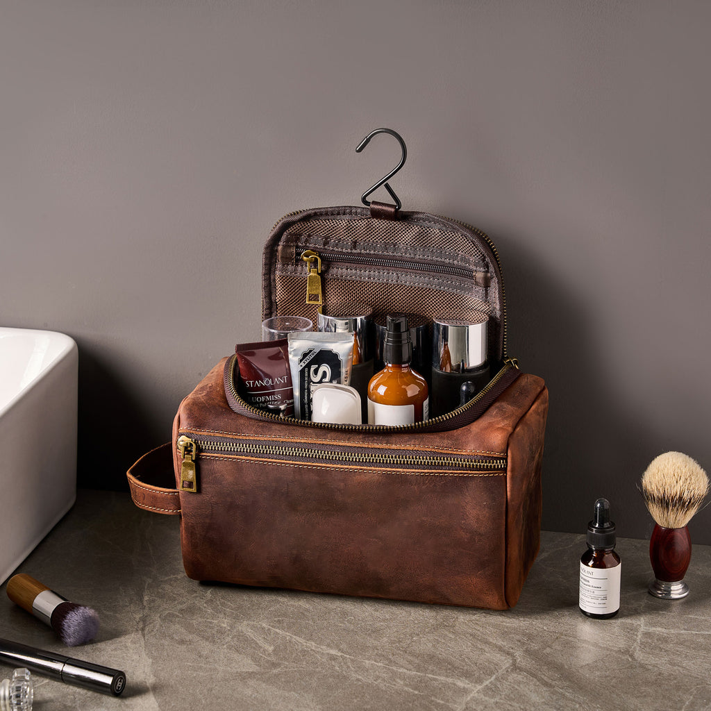 Personalized Leather Hanging Toiletry Bag Dopp Kit Shaving Bag Groomsmen Gifts
