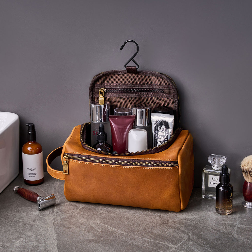 Personalized Leather Hanging Toiletry Bag Dopp Kit Shaving Bag Groomsmen Gifts