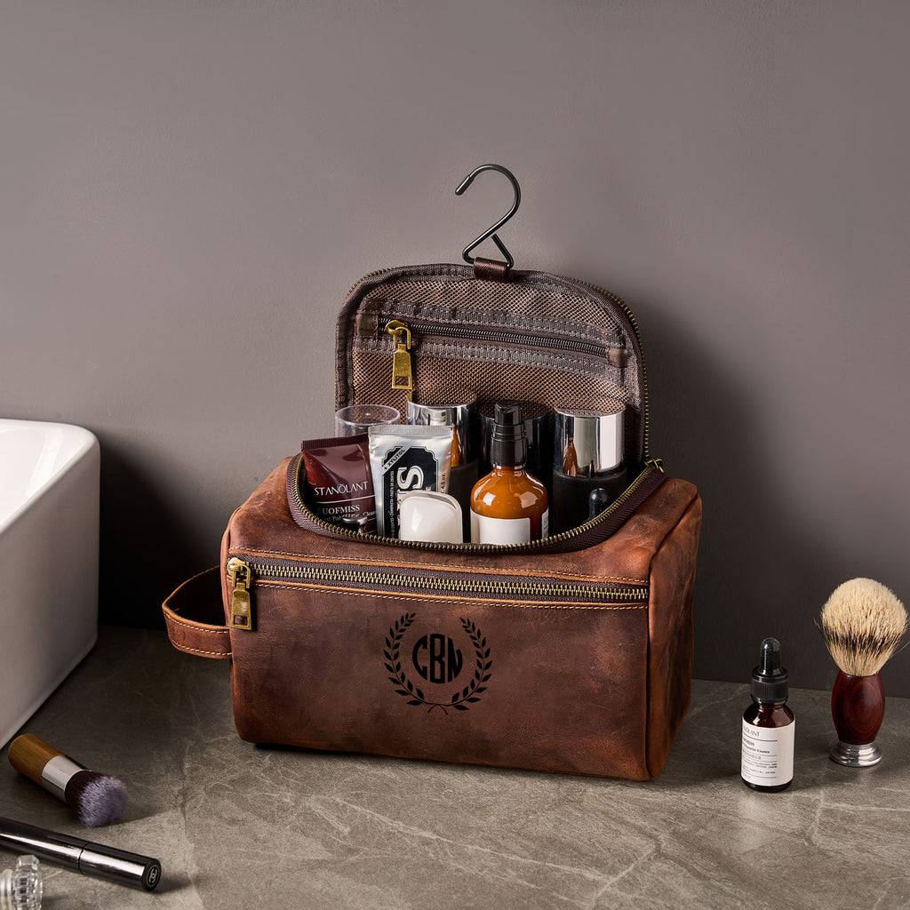 Personalized Leather Hanging Toiletry Bag Dopp Kit Shaving Bag Groomsmen Gifts