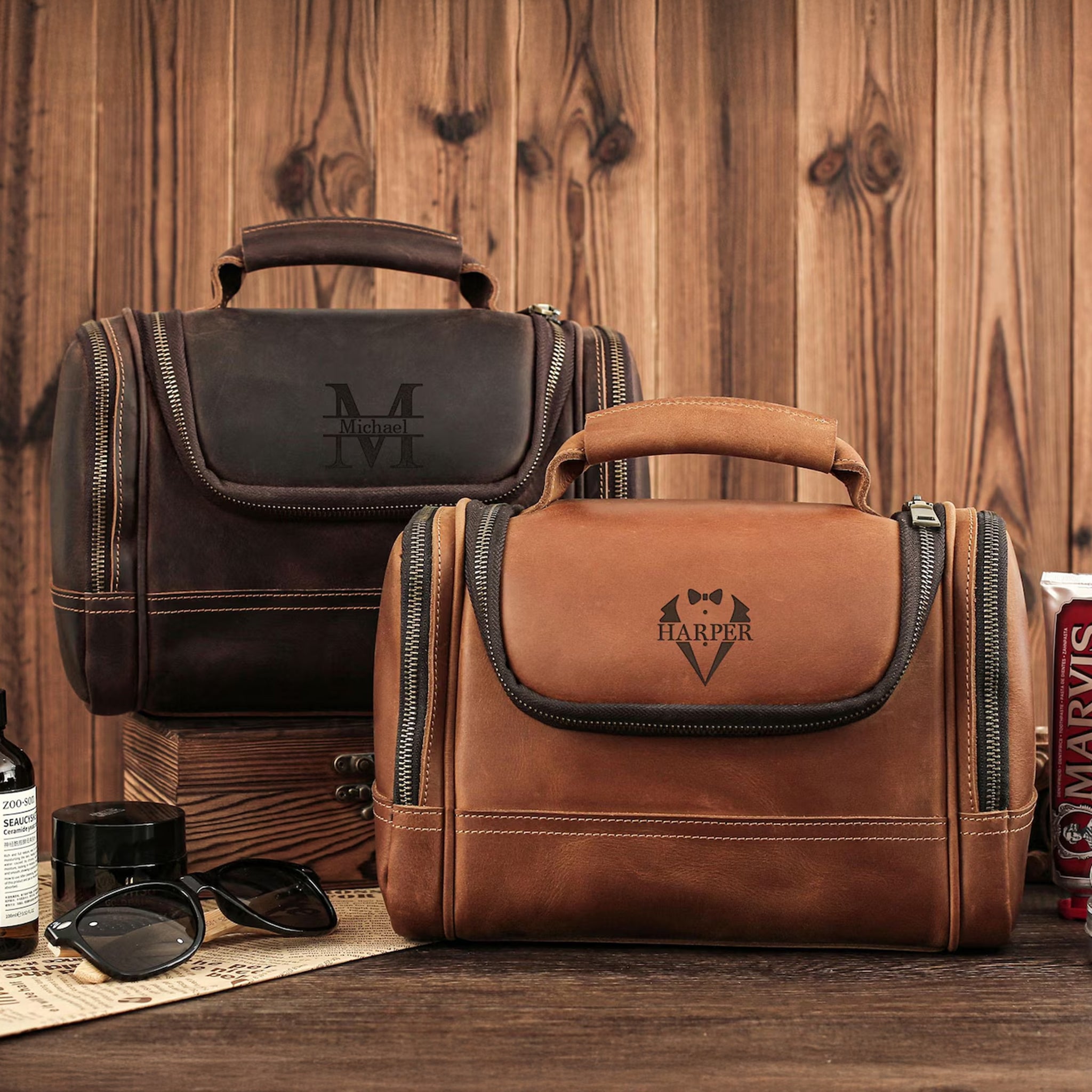 best men's toiletry travel bag Personalized Leather Toiletry Bag – Custom Engraved Travel Dopp Kit for Men, Groomsmen & Corporate Gifts Vintage Brown / No