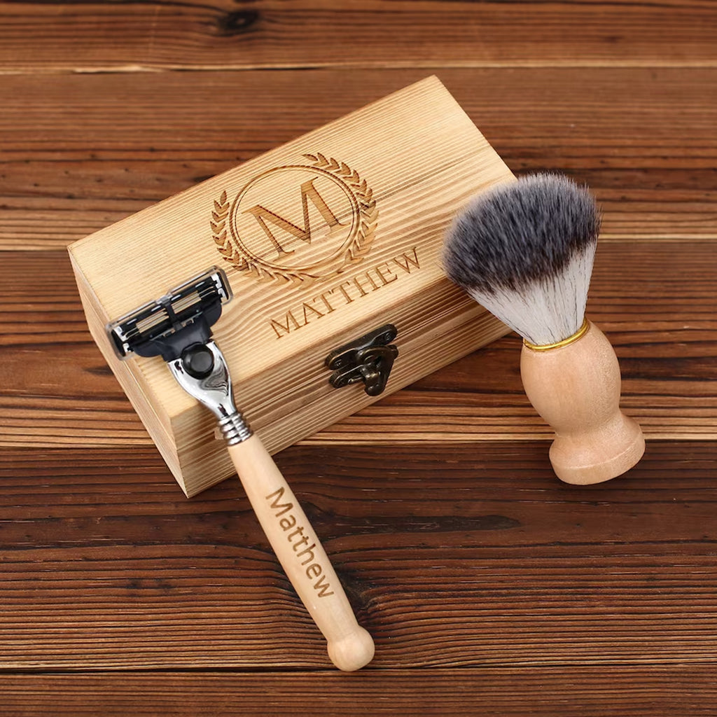 Personalized Razor with Wooden Handle, Shaving Brush, Safety Razor for Men, Groom Gift, Custom Razor, Shaving Kit for Men, Groomsmen Gift Set
