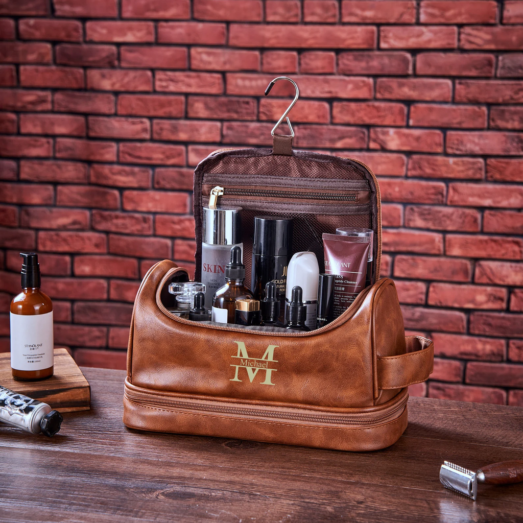 Personalized Travel Bag For Men, Vegan Leather Hanging Toiletry Bag, Dopp Kits Personalized
