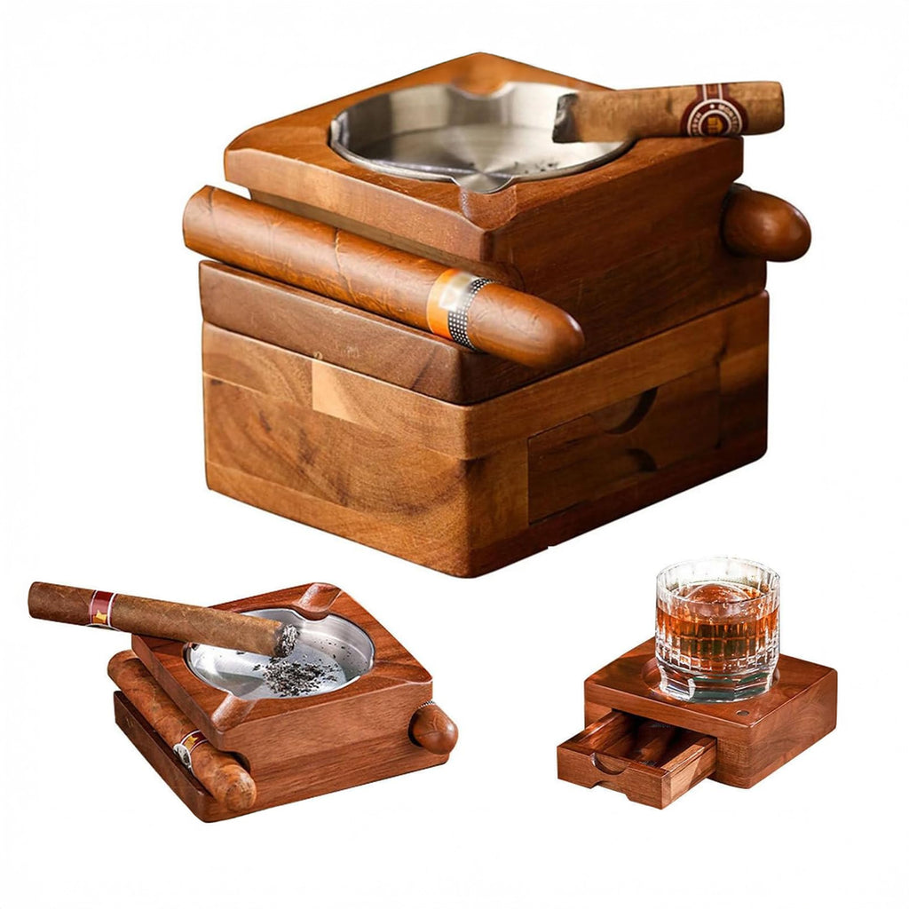 Personalized Whiskey & Cigar Tray Glass Holder Ashtray Whiskey, Gift for Dad,2 in 1 Wooden Cigar Ashtray With Whiskey Glass Holder