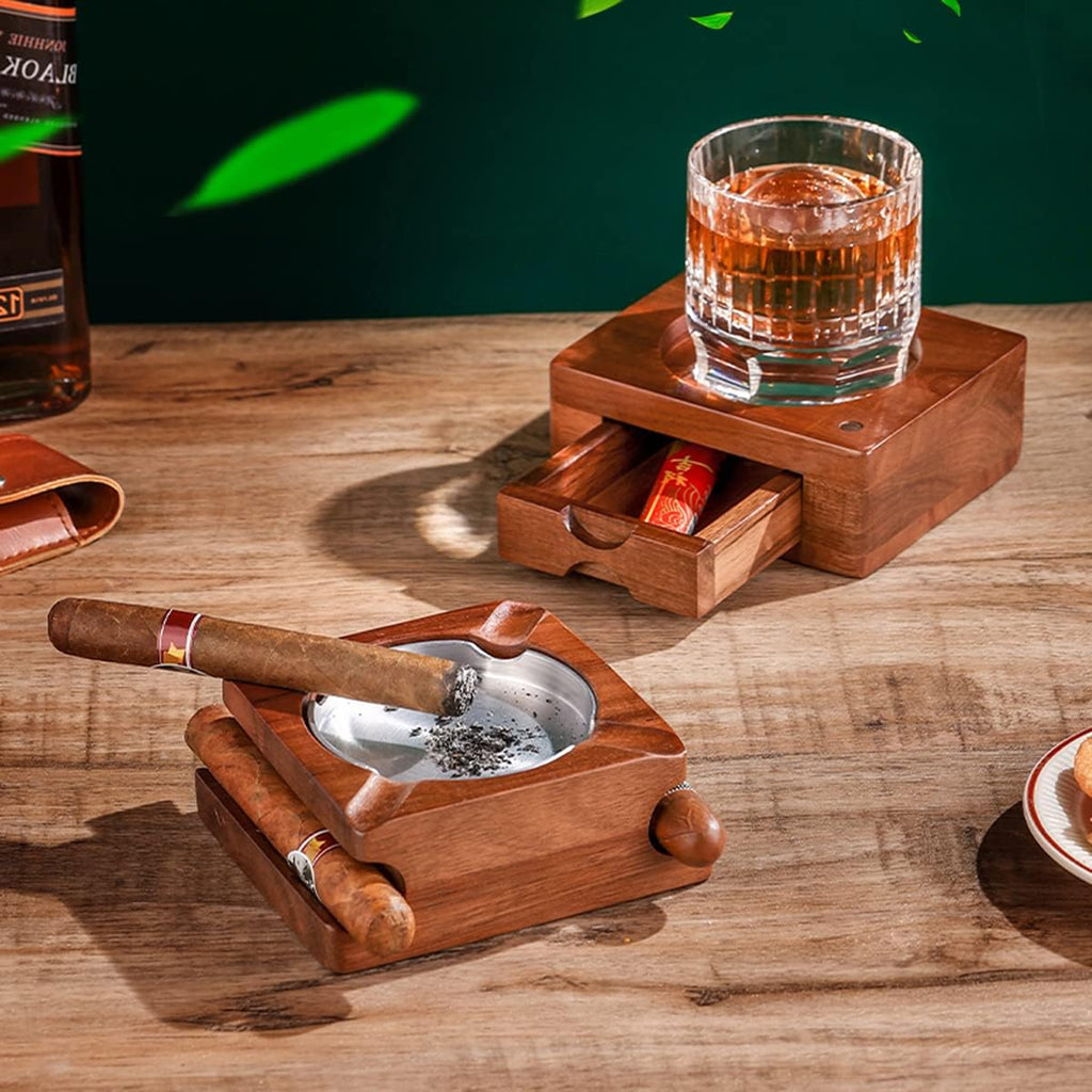 Personalized Whiskey & Cigar Tray Glass Holder Ashtray Whiskey, Gift for Dad,2 in 1 Wooden Cigar Ashtray With Whiskey Glass Holder