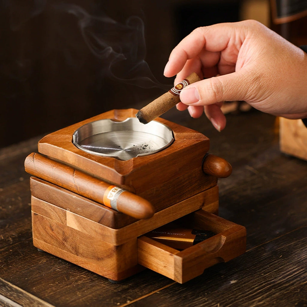 Personalized Whiskey & Cigar Tray Glass Holder Ashtray Whiskey, Gift for Dad,2 in 1 Wooden Cigar Ashtray With Whiskey Glass Holder