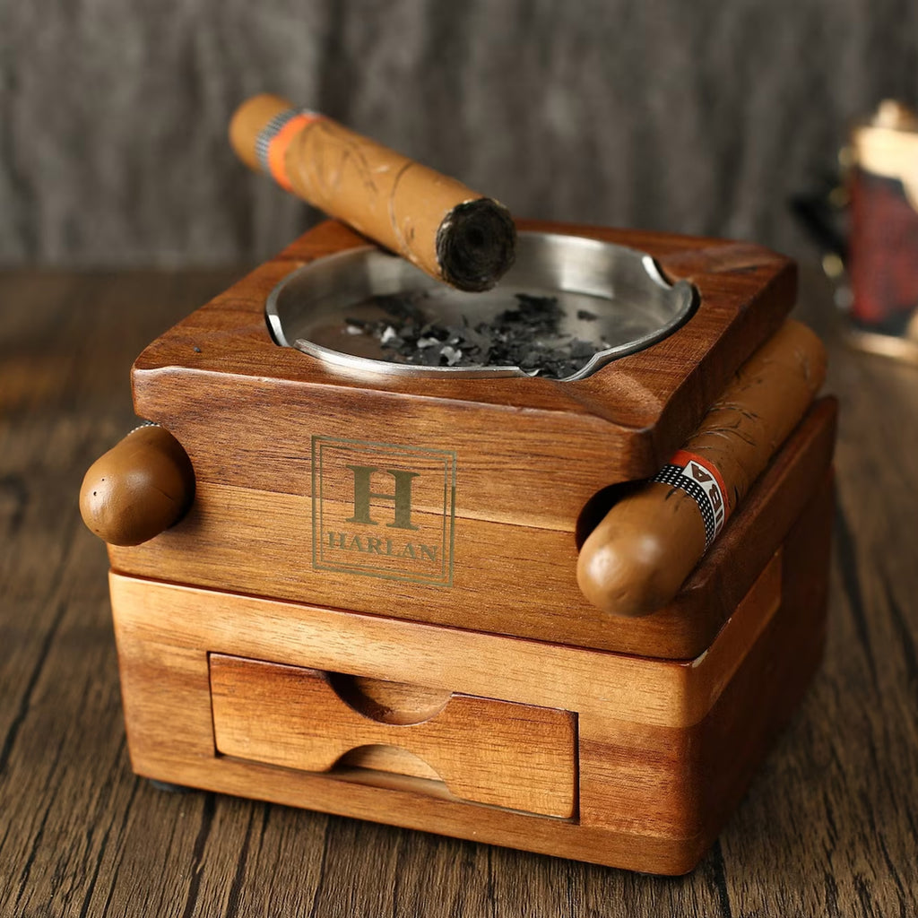Personalized Whiskey & Cigar Tray Glass Holder Ashtray Whiskey, Gift for Dad,2 in 1 Wooden Cigar Ashtray With Whiskey Glass Holder