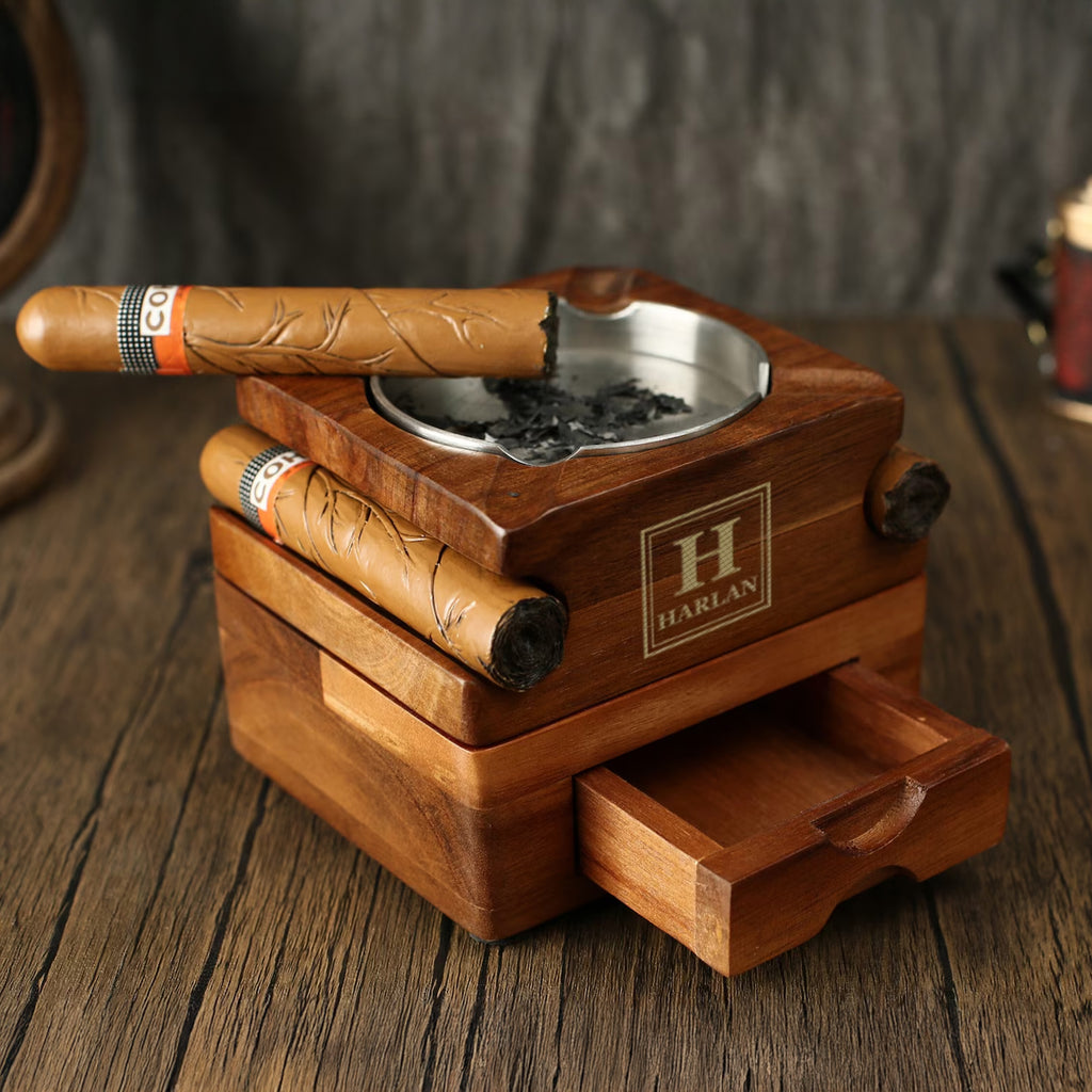 Personalized Whiskey & Cigar Tray Glass Holder Ashtray Whiskey, Gift for Dad,2 in 1 Wooden Cigar Ashtray With Whiskey Glass Holder