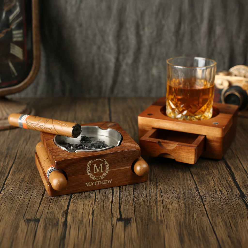 Personalized Whiskey & Cigar Tray Glass Holder Ashtray Whiskey, Gift for Dad,2 in 1 Wooden Cigar Ashtray With Whiskey Glass Holder