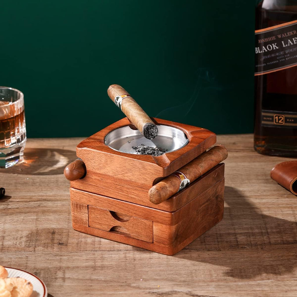 Personalized Whiskey & Cigar Tray Glass Holder Ashtray Whiskey, Gift for Dad,2 in 1 Wooden Cigar Ashtray With Whiskey Glass Holder