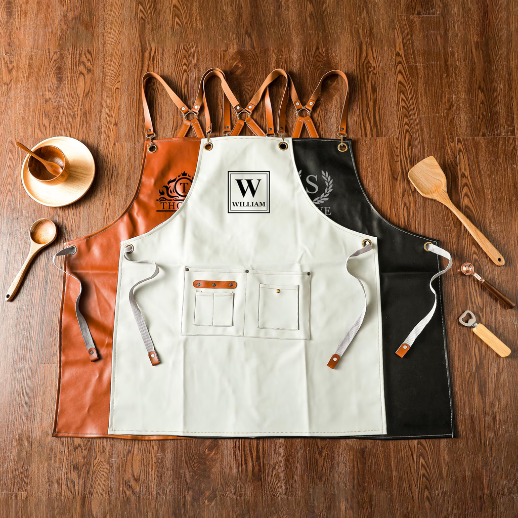 Personalized Vegan Leather Apron, Custom Groomsmen Gifts, Engraved Apron for Cooking, Barbeque Apron