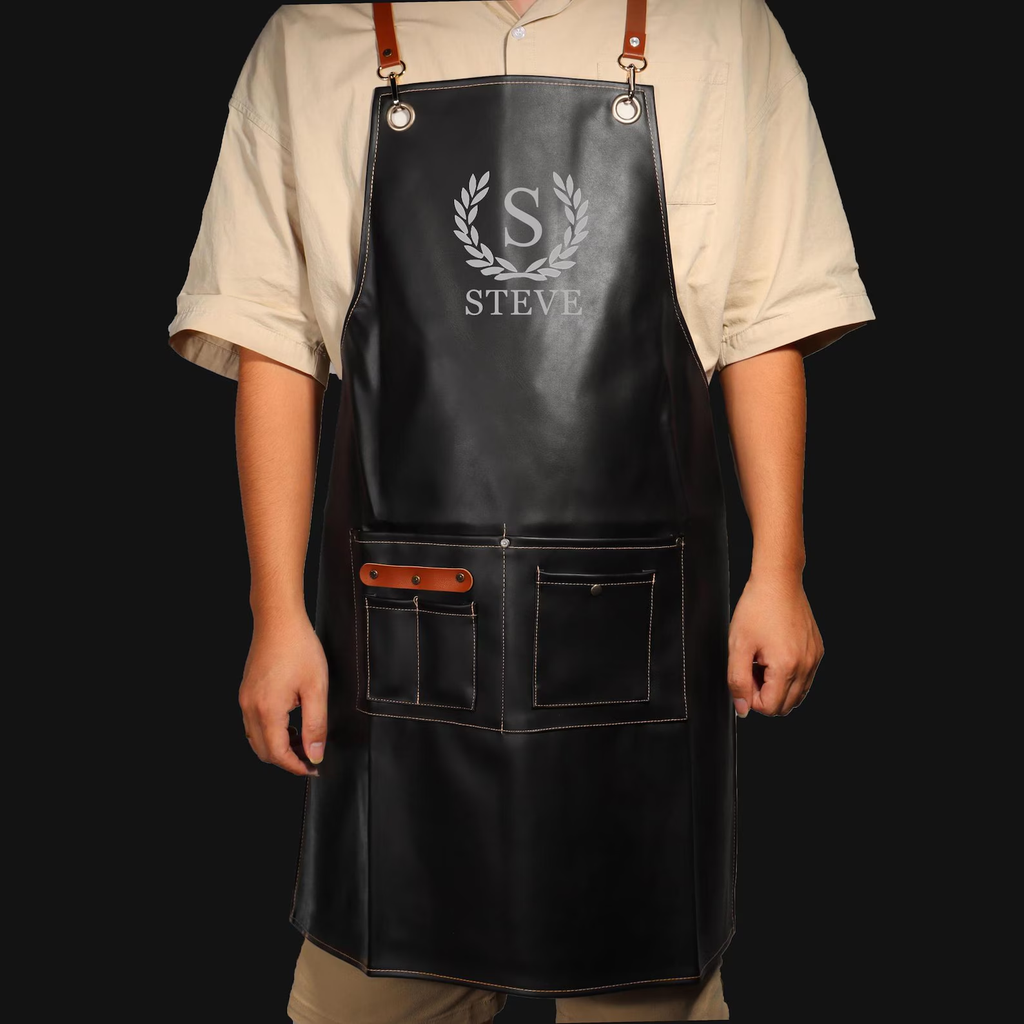 Personalized Vegan Leather Apron, Custom Groomsmen Gifts, Engraved Apron for Cooking, Barbeque Apron