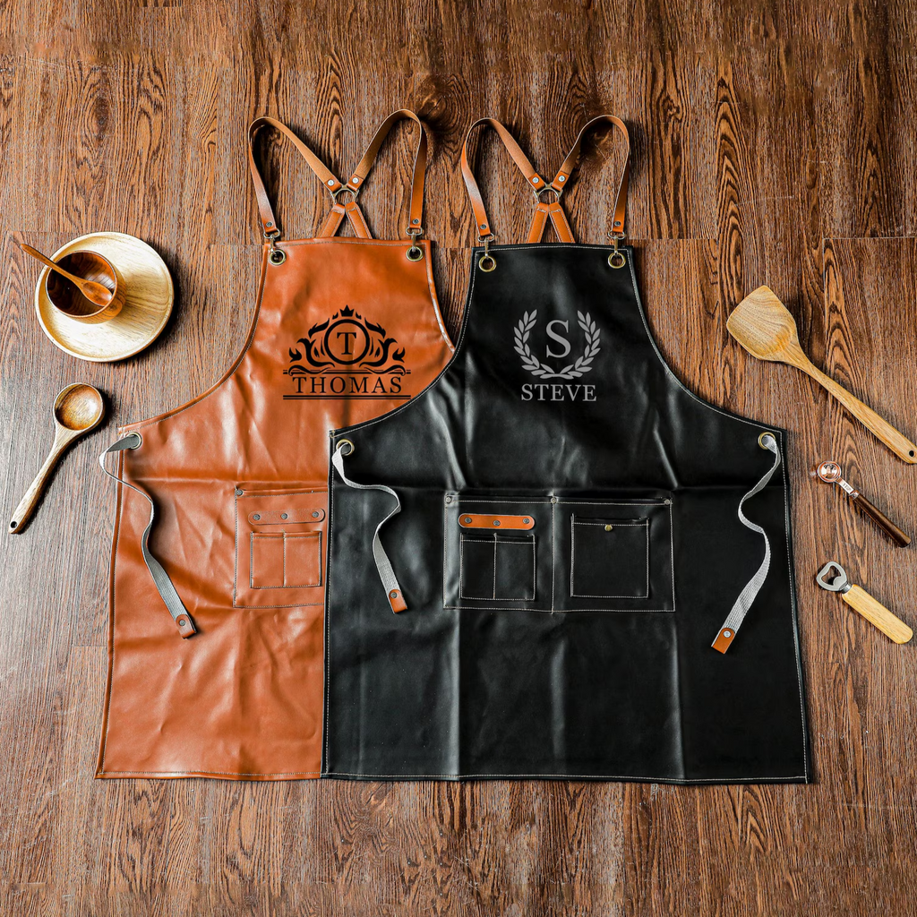 Personalized Vegan Leather Apron, Custom Groomsmen Gifts, Engraved Apron for Cooking, Barbeque Apron