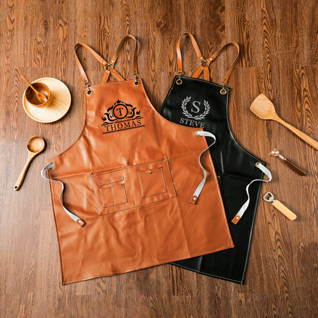 Personalized Vegan Leather Apron, Custom Groomsmen Gifts, Engraved Apron for Cooking, Barbeque Apron