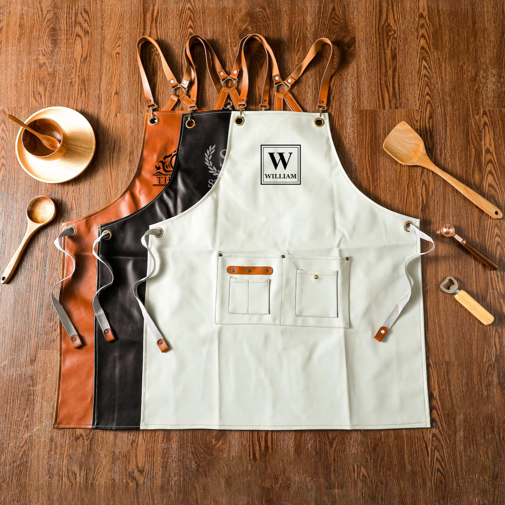 Personalized Vegan Leather Apron, Custom Groomsmen Gifts, Engraved Apron for Cooking, Barbeque Apron