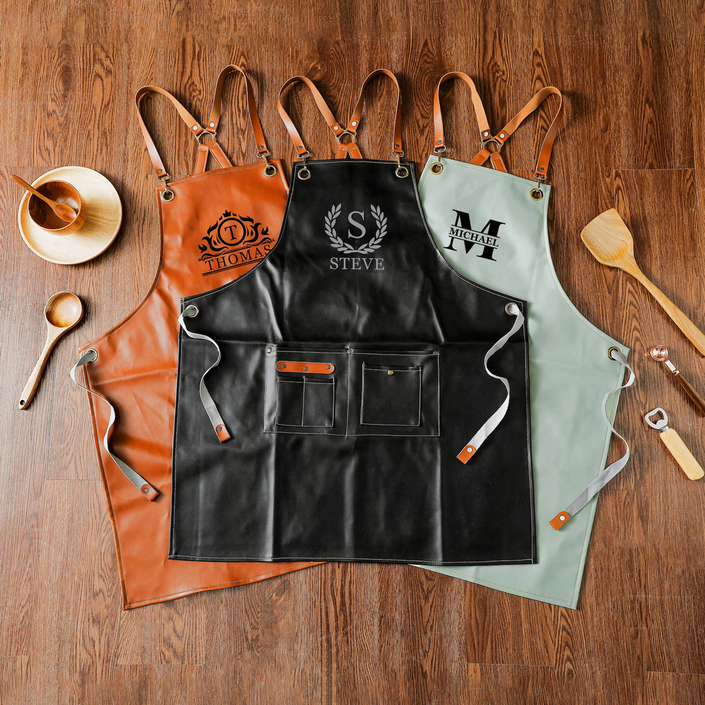 Personalized Vegan Leather Apron, Custom Groomsmen Gifts, Engraved Apron for Cooking, Barbeque Apron