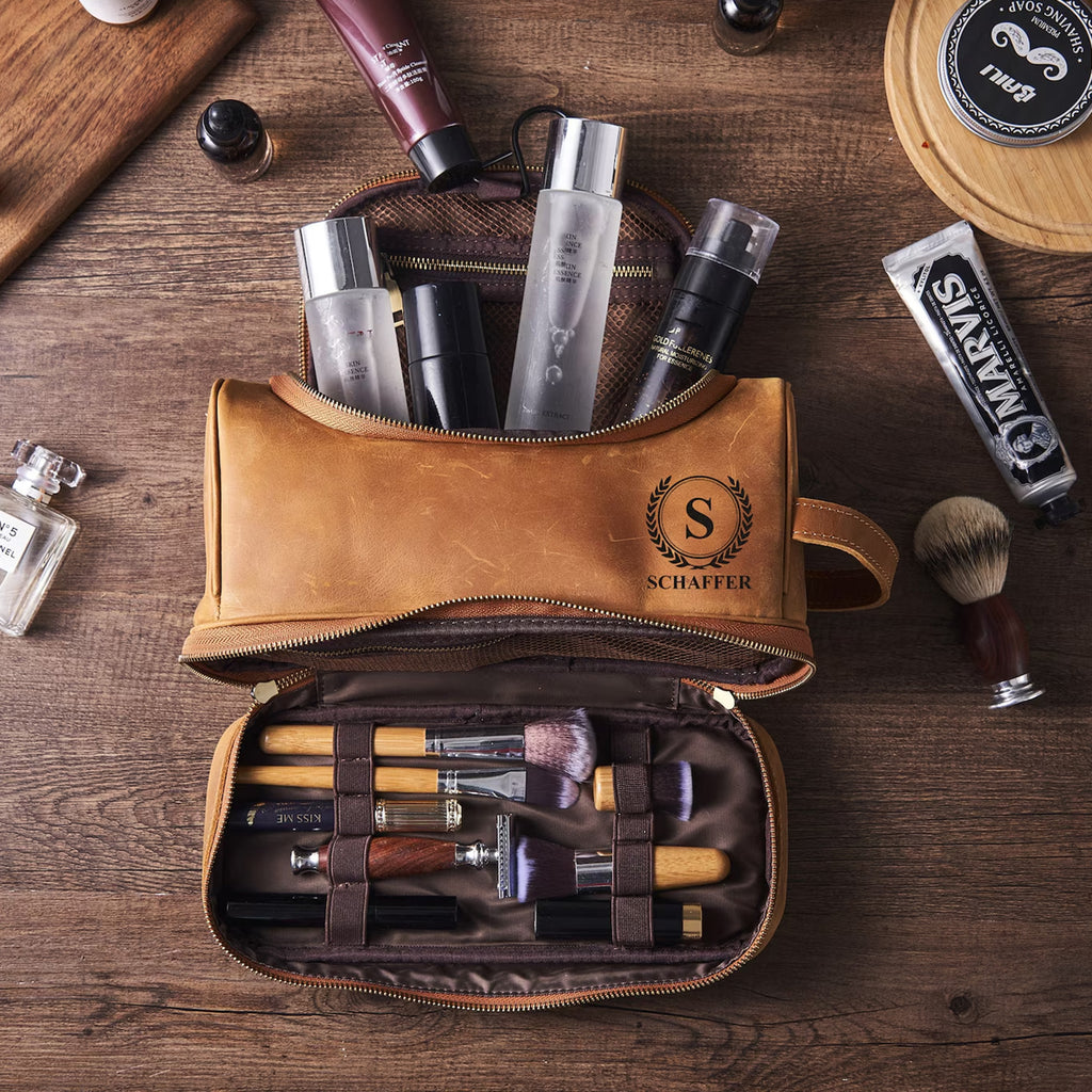 Personalized Groomsmen Gifts Custom Leather Hanging Toiletry Bag Dopp Kit Father's Day Gift