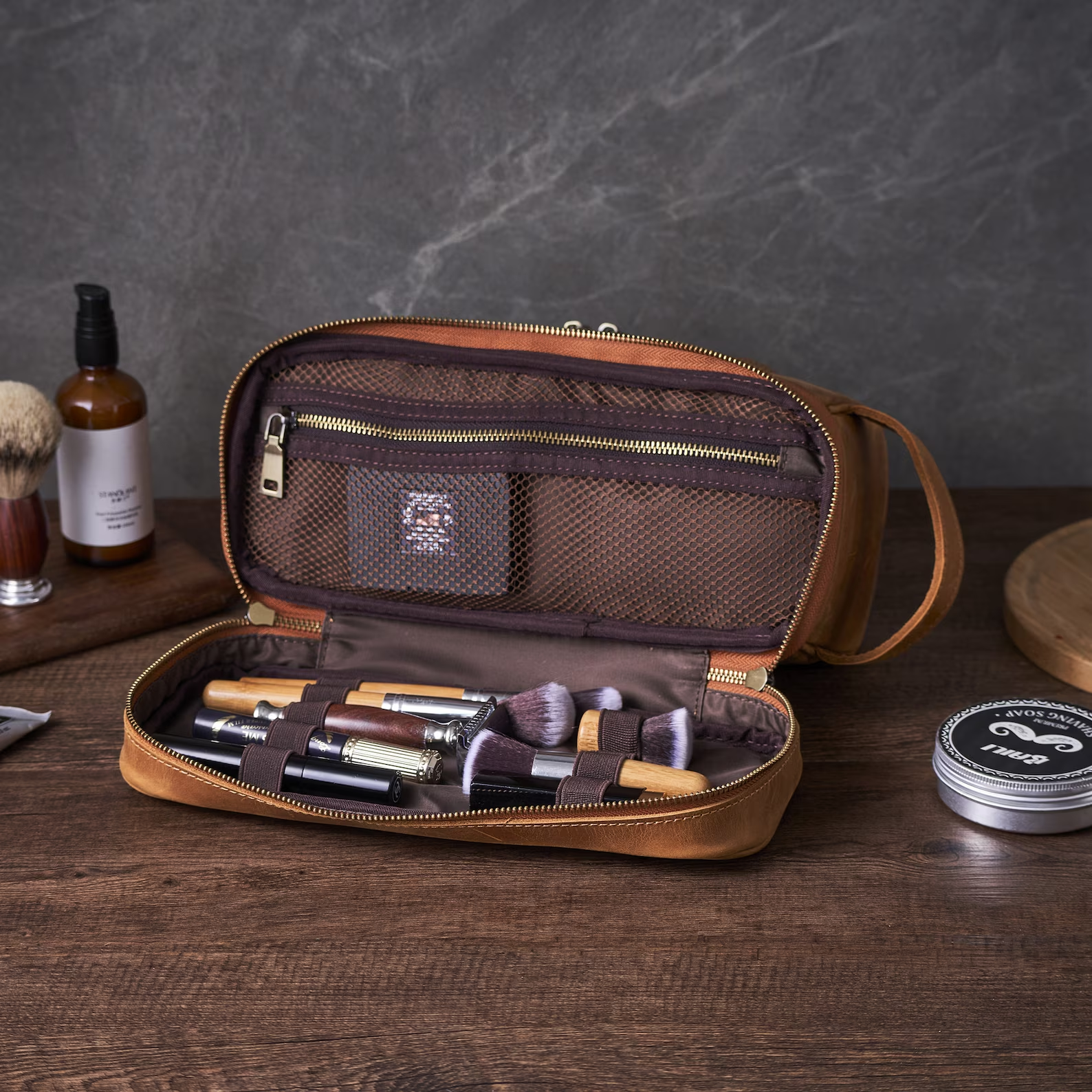 best travel toiletry bag men Personalized Groomsmen Gifts Custom Leather Hanging Toiletry Bag Dopp Kit Father's Day Gift Vintage Brown / Yes