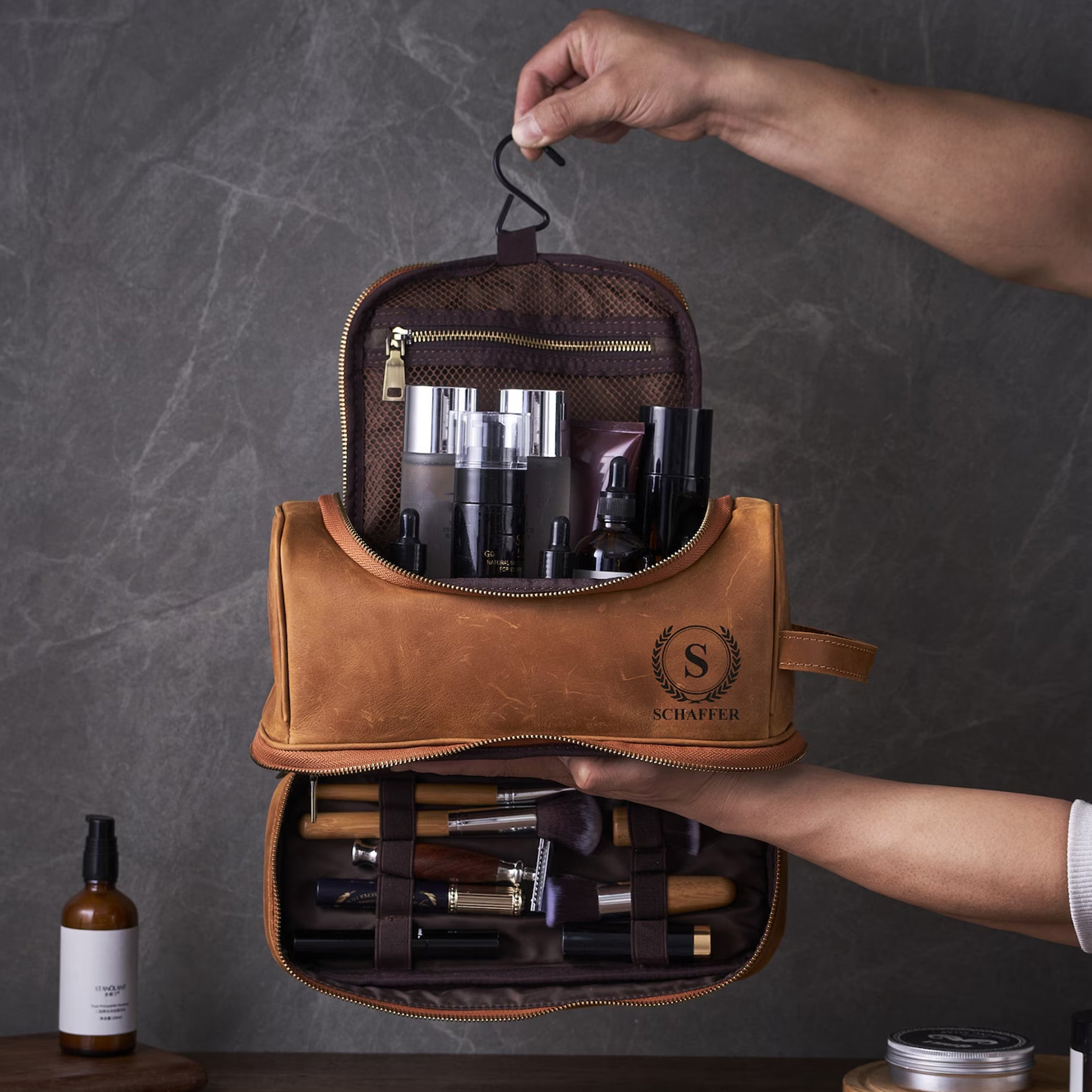 best hanging travel toiletry bag men Personalized Groomsmen Gifts Custom Leather Hanging Toiletry Bag Dopp Kit Father's Day Gift Vintage Brown / Yes