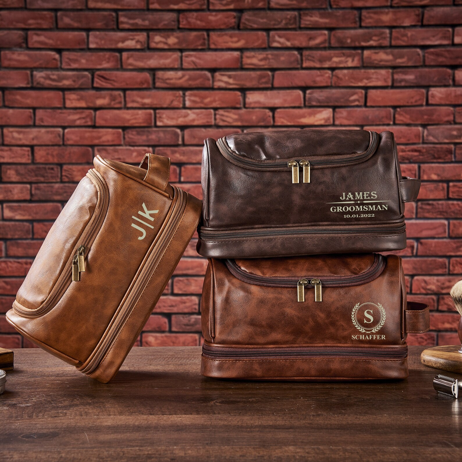 hanging toiletry bag travel dopp kit Personalized Travel Bag For Men, Vegan Leather Hanging Toiletry Bag, Dopp Kits Personalized Reddish Brown / Yes