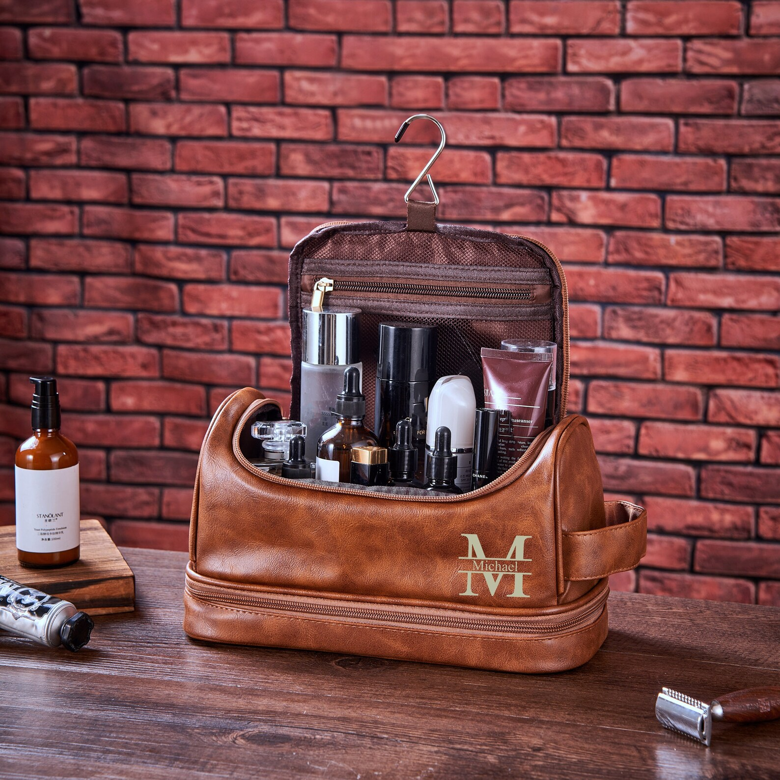 customized travel toiletry bag Personalized For Men, Vegan Leather Hanging Bag, Dopp Kits Personalized Vintage Brown / No in hook allows you to hang it up for easy access in any spaceperfect for hotel bathrooms Personalised leather toiletry bag -