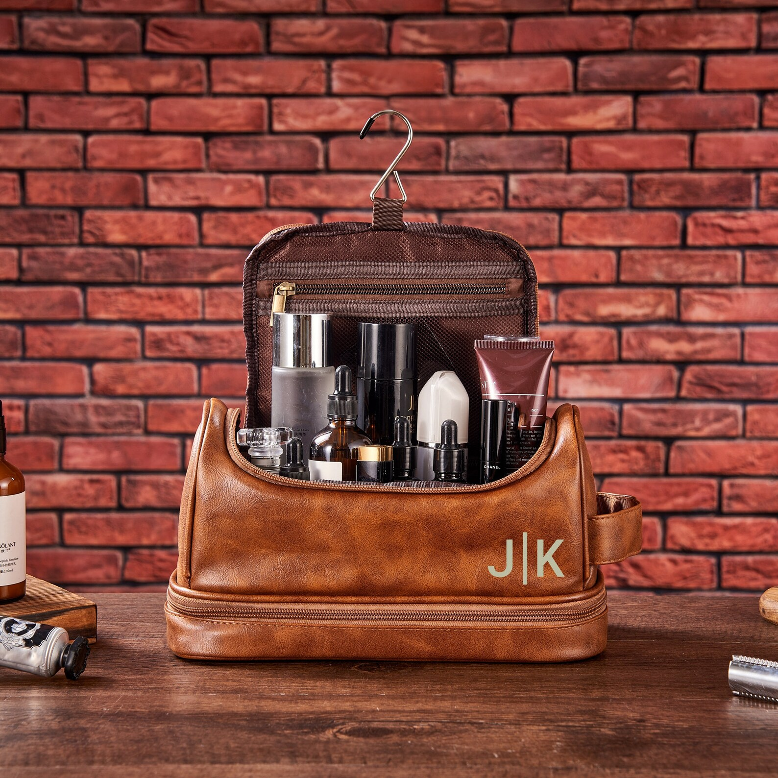 custom travel toiletry bag Personalized Travel Bag For Men, Vegan Leather Hanging Toiletry Bag, Dopp Kits Personalized Vintage Brown / Yes