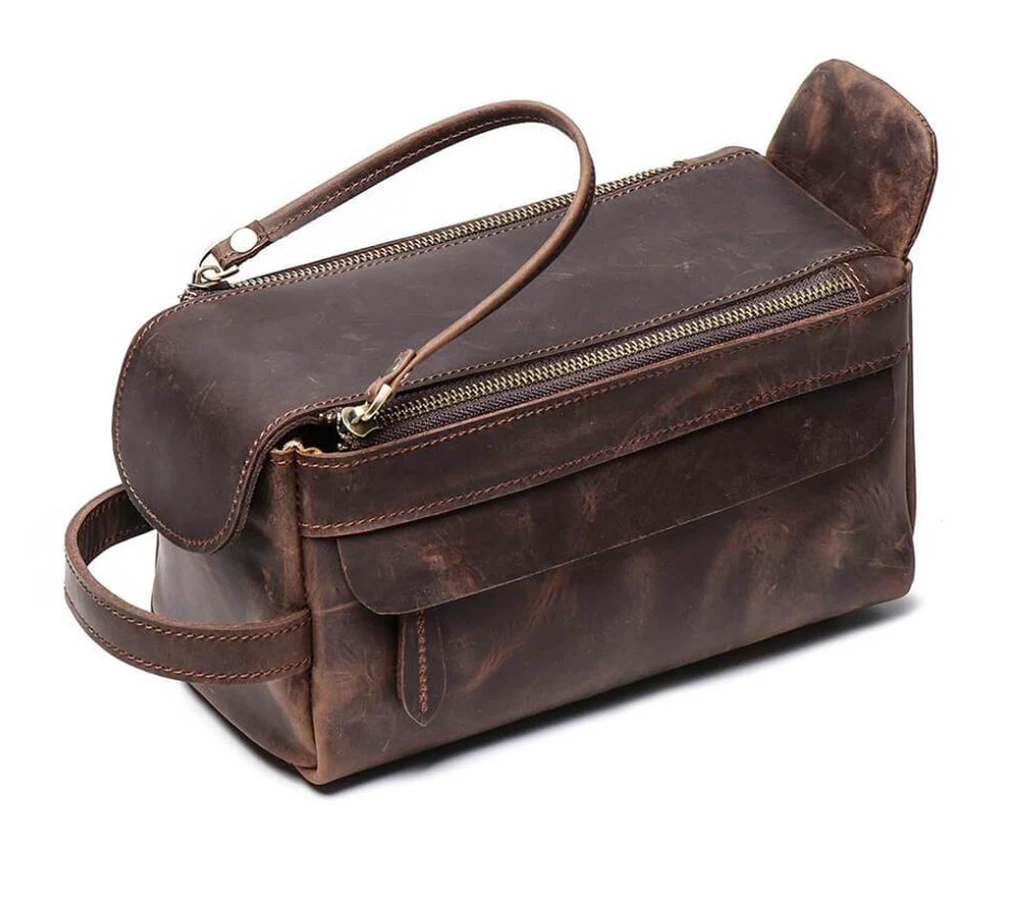 Genuine Leather Toiletry Bag for Men or Women - Travel Shaving Dopp Ki