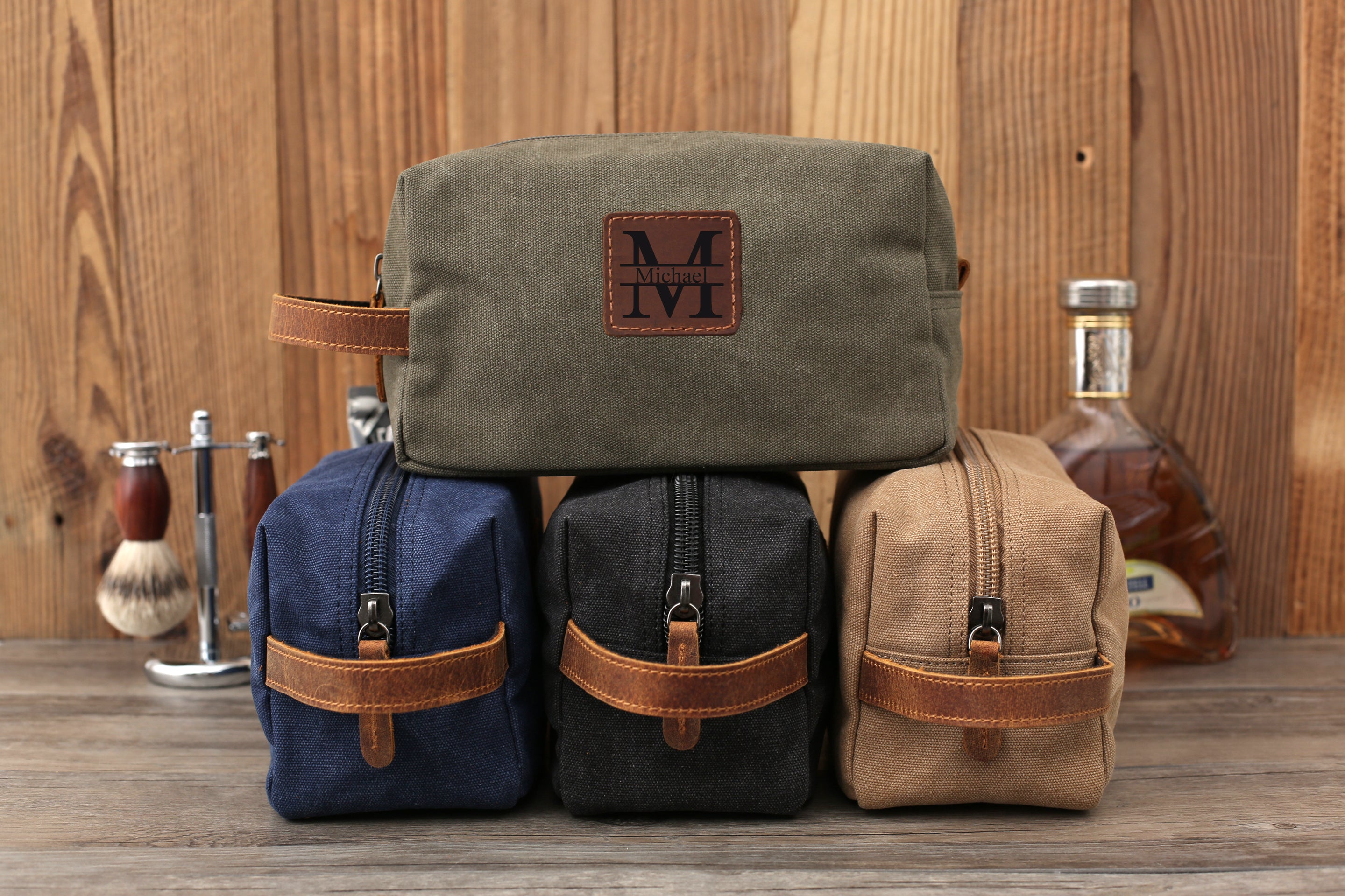 Monogrammed Hanging Toiletry Bag for Men - Canvas with Leather Straps -  Groovy Guy Gifts