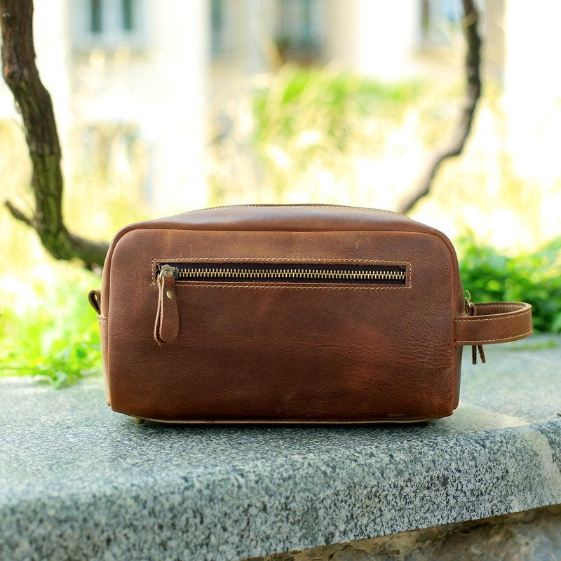 Personalized Tan Leather Toiletry Bag